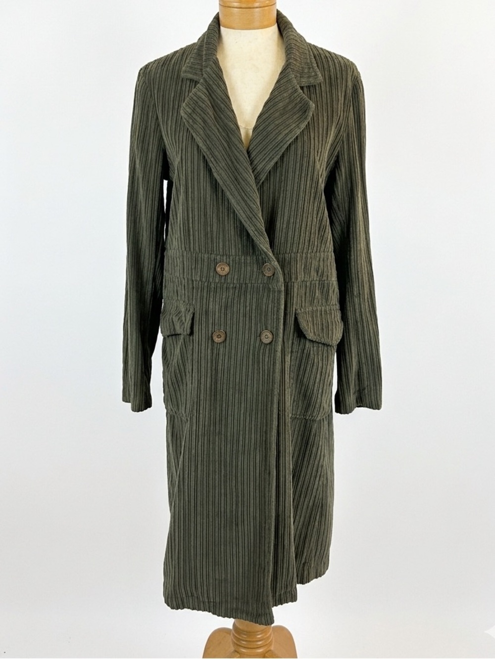 BACI FASHION OLIVE GREEN CORDUROY LONG DOUBLE BREASTED COAT GRUNGE utility